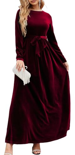 FDKLOOK Womens Cocktail Dresses Crewneck Velvet Belted Pleated Long Sleeve Party Wedding Guest Maxi Dress with Pockets M Wine Red