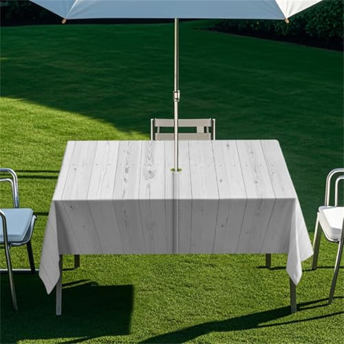 Chickwin Mantel Rectangular Impermeable Exteriores con Agujero para Sombrilla y Cremallera, 3D Patrón de Tablero de Madera Mantel para Mesa de Patio, Jardín, BBQ, Picnic (Blanco,210x150cm)