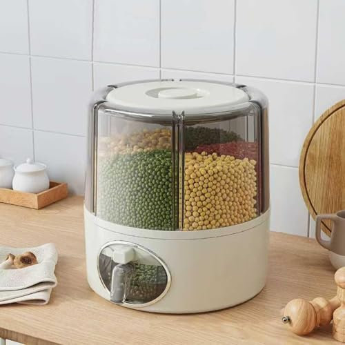 Boîte de rangement rotative à 360° pour céréales, distributeur de riz transparent à 6 compartiments avec sortie en un clic, organiseur hermétique pour riz, légumineuses, haricots rouges et