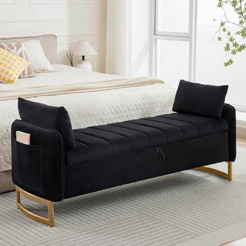 AEMEIOS 66 End of Bed Storage Bench King Size, Velvet Storage Benches for Bedroom Foot of Bed, Upholstered Storage Ottoman Bench with Golden Legs and Pillow for Living Room Window Entryway, Black