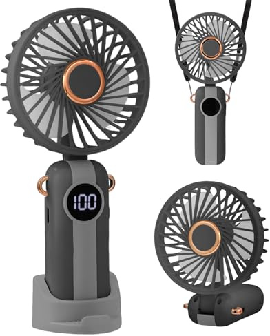 Jsdoin Handheld Fan, Portable Mini Fan with LED Display, 5-Speed Settings and Rechargeable Neck Hanging Fans for Summer Outdoor Travel Home Office (Black)