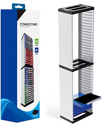 CHEOTIME Double Video Game Storage Tower Universal for PS 5 4 3 2, 36 Game Discs Storage Holder Shelf, DVD And Blue Ray Disks Organizer