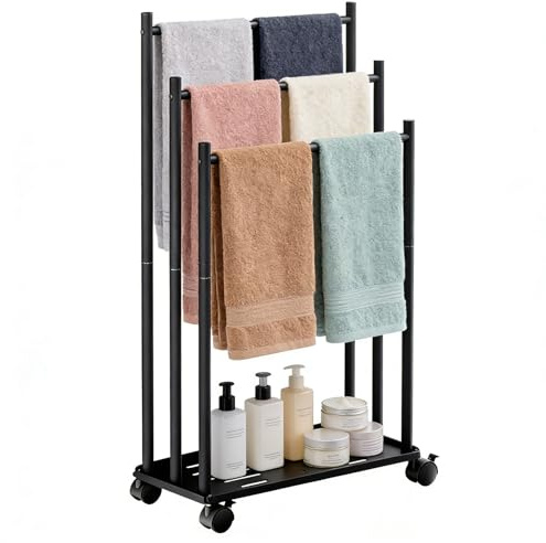 Toallero de Pie de 3 Niveles, Toallero Escalera con Estante y Ruedas, Ahorra Espacio, Material Metálico, Toallero de Piscina para Exteriores, para Baños, Salón, Negro
