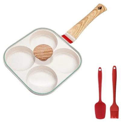 LIUHLFSR Omelettpanna med 4 hål med lock, förtjockade biffar, bröd och frukost, med induktion, universell för matlagning (beige med lock)