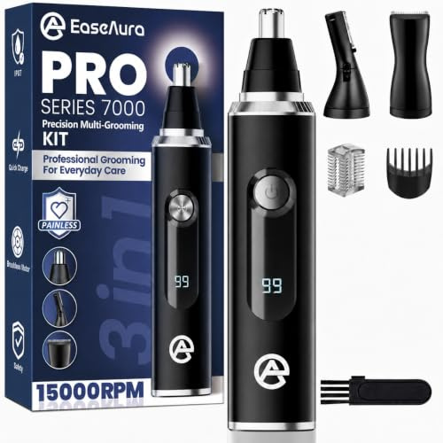 EaseAura® Taglia Peli Naso e Orecchie Ricaricabile, Rasoio Elettrico 3 in 1, Tagliapeli Naso Uomo & Donna, Trimmer Naso Sopracciglia Baffi, Forbici, Rifinitore Viso Precisione, Display LED, IPX7