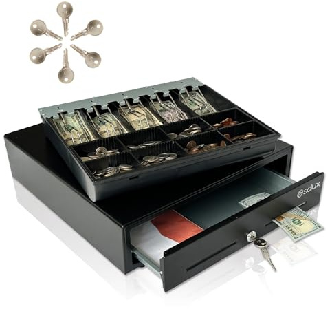 SOLUX 16 Cash Drawer - Cash Register Drawer for POS - Adjustable and Removable Cash Till - Square Cash Drawer for Small Businesses - 24V, RJ11/RJ12- Key Lock - 5 Bill - 8 Coin, Black