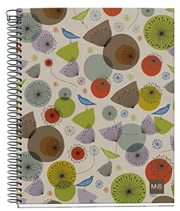Miquel Rius M 100% PCW Recycled Recycled 4 Subject Notebook, Lined A5-8.27 x 5.83, 120 Sheets Heavyweight Paper, Subjects Separated by Color, 2 Hole Punched, Micro-Perforated, Ecobirds Design, Multicolor