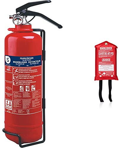 Smartwares 10.014.68 Extincteur Poudre-2 kg-pour Feux ABC, Rouge & Couverture Anti-feu Smartwares 10.014.60-1 m x 1 m - pour départs d'incendies