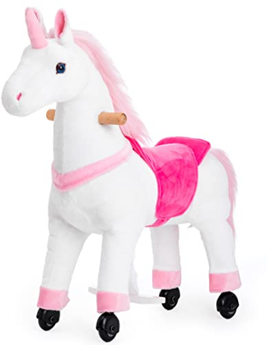 PONYEEHAW Reitpferd für Kinder ab 3 mit Rollen, Horse Toy Ride, Spielpferd zum Reiten Stehpferd Groß aus Metall und Plüsch Einhorn auf Rollen mit Schabracke und Zaumzeug (Weiß Einhorn, Klein)