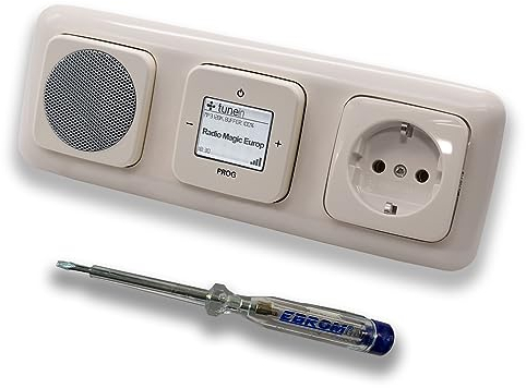 Busch Jäger iNet Internet Unterputz Radio 8216U DURO2000 cremeweiß, Set mit Lautsprecher, Abdeckungen, Steckdose mit Kinderschutz, Rahmen + EBROM Phasenprüfer zur Montage der Geräte - 8216U