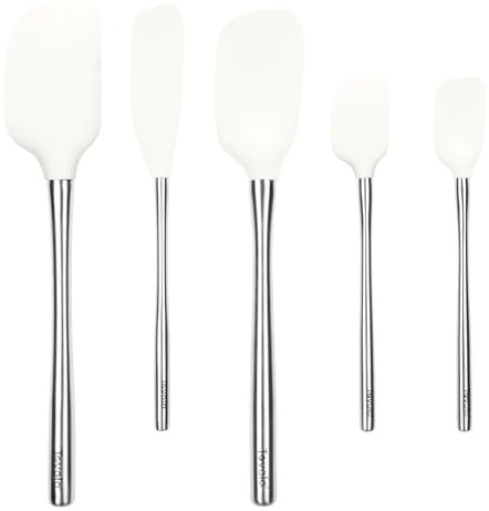 Tovolo Stainless Steel Handled Silicone Spatula Set of 5 White, Dishwasher Safe Kitchen Spatula Set for Cooking Baking, Non Toxic BPA Free Silicone Spatula set with Metal Steel Handle