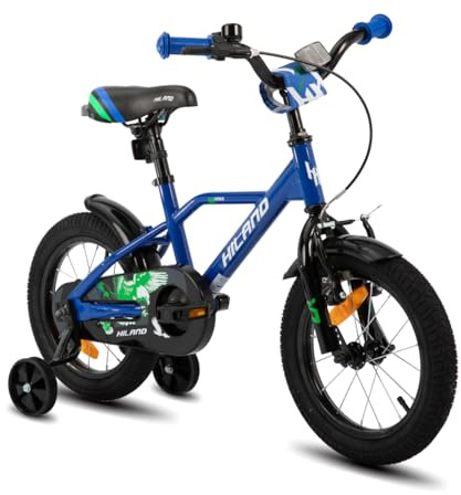 HILAND 14 Zoll Kinderfahrrad für Jungen 3 4 5 Jahre mit Stützrädern, Handbremse und Rücktrittbremse blau