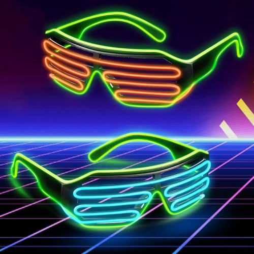 LED Brille Party, Neon Rave Glasses, 2 Stücks LED Glasses, Partybrille Leuchten Mit 4 Blitzmodi, Partybrille Im Shutter-Stil - Mit El-Kabel Für Cosplay, Club, Halloween, Rave Party (Grüner Rahmen)