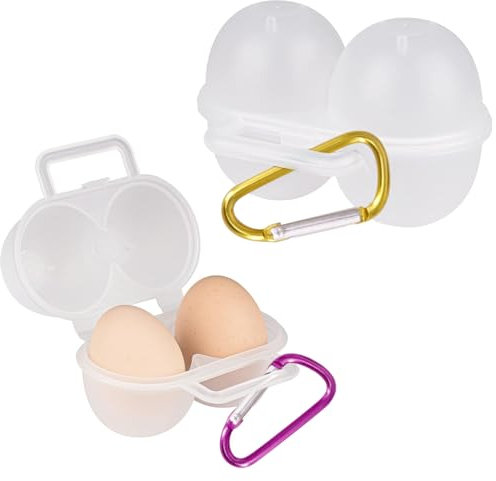 Lumeclat Set de 2 cajas para 2 huevos, con 2 mosquetones (rosa rojo, oro), contenedor de huevos de plástico con asa, portátil, adecuado para viajes, nevera, actividades al aire libre, camping y picnic