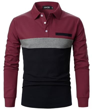 LUVCES Polo Hombre Manga Larga Casual Bloques de Colores Cuello Contraste Camiseta Algodón Golf Polo Shirt Tops Manga Larga Burdeos + Gris + Azul Marino XL