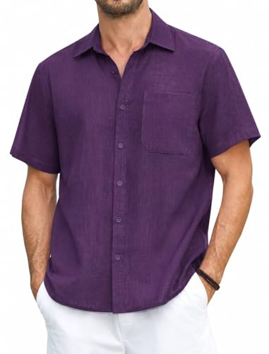 HISDERN Chemise Homme Lin Été Casual Leger Plage Chemises Violet à Manche Courte avec Poche 4XL