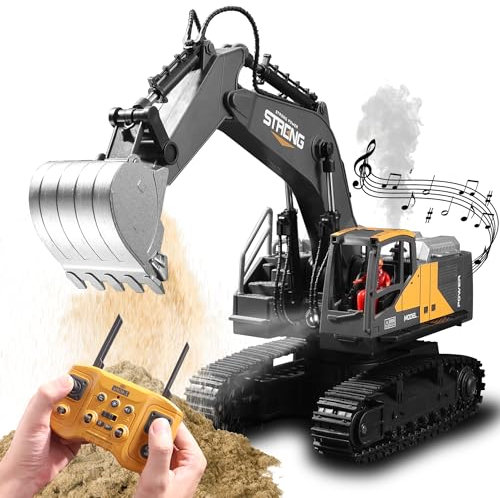 TOMOROY Fernbedienung Bagger Spielzeug 16 Kanal Fernbedienungsbagger Konstruktionsspielzeug Traktor, Simulierter Rauch, Klang, Beleuchtung, Metallgrabenkopf, RC-LKW-Geschenke für Jungen