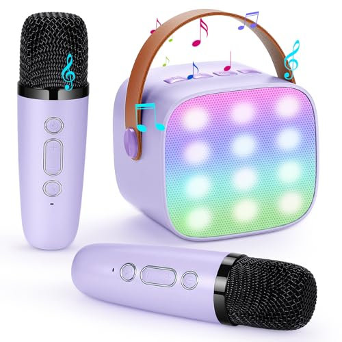 Damcyer Karaoke Maschine mit 2 Drahtlosen Mikrofonen, Tragbares Bluetooth Karaoke Maschine für Kinder Erwachsene, Tragbare Karaoke Maschine für Kinder und Anfänger, Hellviolett