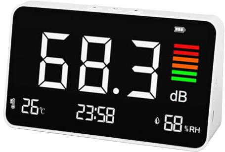 Digital Decibelmätare, 30-130dBA Ljudnivåmätare med temperatur- och Luftfuktighetsdetektering, Skrivbordsbrusmätare med LCD-skärm, Brus/tid/temp/fuktighetsdisplay, för Hemskola