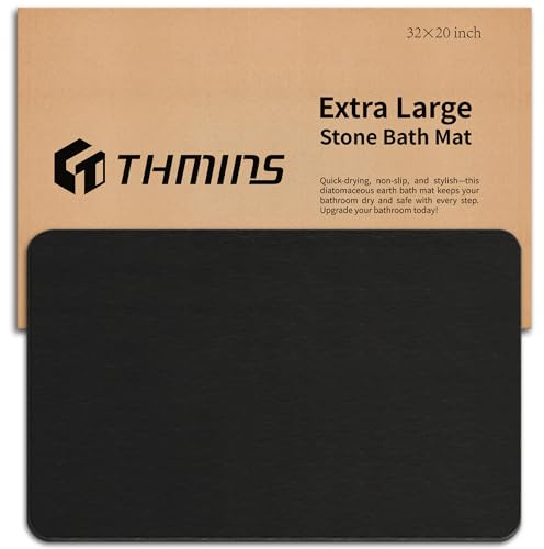 THMINS Black Stone Bath Mat, 32''x20'' Extra Large Stone Bath Mat, Super Absorbent Quick Drying for Bathroom, Easy to Clean