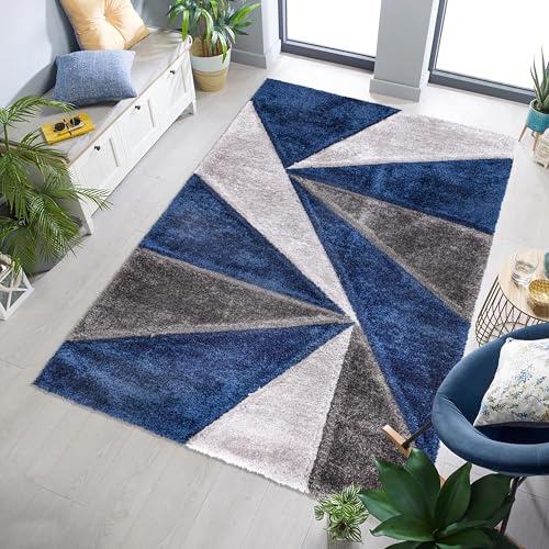 SHAZ HOME Classic Designers Luxury Shaggy Rug Ultra Soft Thick Pile Area Rug for Living Room & Bedroom Best Plush Carpet & Floor Mat (Blue, 60 x 110 cm)