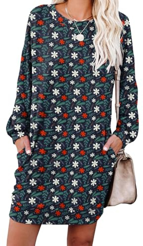 PrinStory Damtröja klänning fritidsklänningar rund hals sweatshirtklänning med fickor, Blått blommönster, M