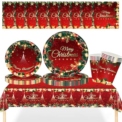 MORAINJAY 69P Christmas Tableware Set for 16 Guests,Red Xmas Paper Dinnerware with Plates,Cups, Napkins,Tablecloth Christmas Table Decorations,Xmas Party Supplies