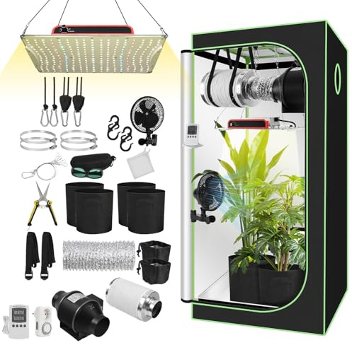 Ollewiellan Kit Completo de Cultivo en Invernadero 80x80x160cm con Lámpara LED Plana de Cultivo de 200W, Conjunto de Ventilación y Filtro de Carbón Activo, Hidroponía de Espectro Completo