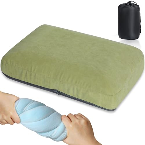 REDCAMP Small Memory Foam Camping Pillow, Compact Travel Pillow,Green | Dual-Sided Cover (Cool Peach Skin & Warm Fleece),Supportive Neck & Lumbar Cushion for Camping, Hiking & Outdoor Trips