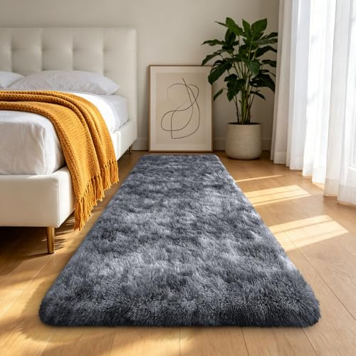 Homaxy Matta med lång lugg, vardagsrum, 80 x 150 cm, halkfri undersida, mjuka mattor, fluffig, tvättbar, modern matta för hall, barnrum, sovrum, mörkgrå