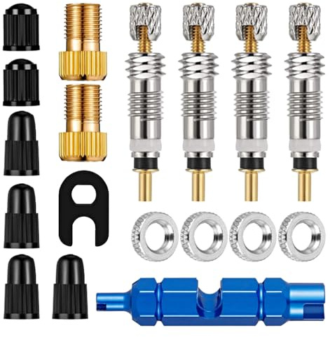 Kit de Réparation Pneu Voiture et VTT 18 Pièces avec Valve Tubeless et Obus de Valve Démonte Pneu Vélo Bouchon Valve Pneu Voiture, Adaptateur Valve Presta et Démonte Obus Valve pour Entretien Complet