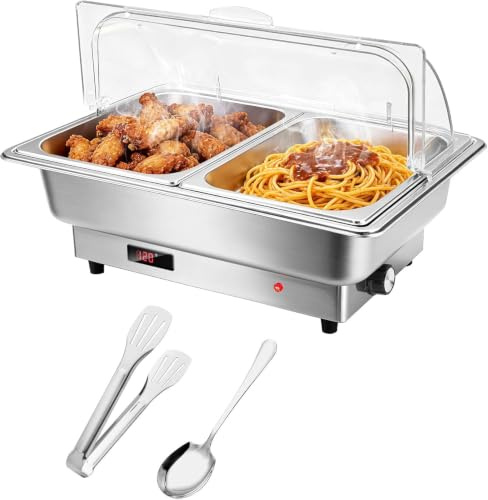 9L Chafing Dish Buffet Eléctrico Acero Inoxidable Calentador de Buffet | con Tapa de Cristal Termostato Ajustable Calienta Alimentos 2 Bandejas GN 1/2 Calentador de Comida para Fiestas Catering