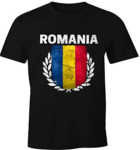 MoonWorks EM WM T-Shirt Herren Fußball Rumänien Flagge Vintage Romania Fanshirt Fan Shirt Schwarz XL
