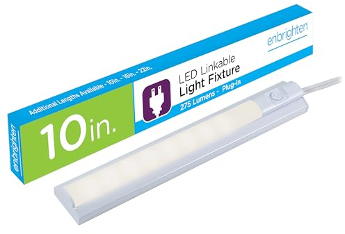 Enbrighten 10 Inch LED Premium Under Cabinet Light Fixture, Plug-In, Bright White 3000K, 275 Lumens, Plastic Housing, On/Off Switch, Perfect for Kitchen, Home Office, Garage, Workbench & more, 26534