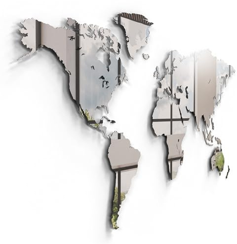 Giallobus - MAPPA DEL MONDO - DECORAZIONE DA PARETE IN LEGNO MDF (Vetro acrilico specchio, 190L x 105l cm)