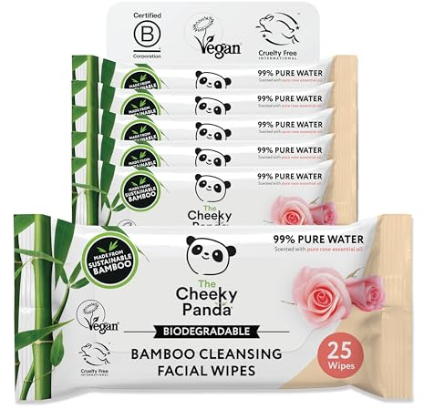 The Cheeky Panda Bamboo Face Cleanser Makeup Remover Wipes Rose Scented | 6 Packs of 25 | 99% Purified Water | Plant Based & Vegan | Sustainable Alternative