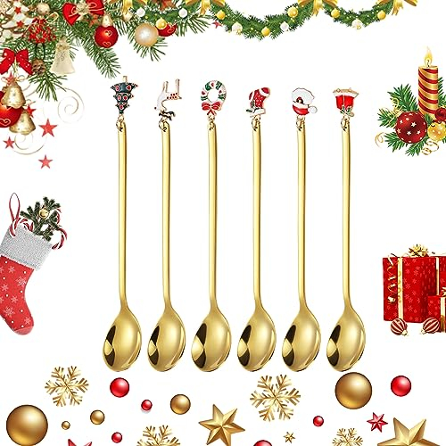 Weihnachtslöffel, 6 Stück Edelstahl Löffel, Edelstahl Kaffeelöffel mit Weihnachtsanhänger, Kleine Zuhause Löffel, Löffel Set,Dessert Teelöffel Geschenkbox Verpackung(Gold)