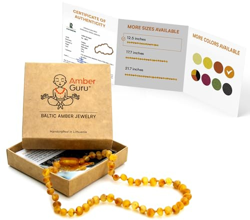 Amber Guru Baltic Amber Necklace (Authentic, Certified) - 12.5 inches - Unisex Jewelry - Raw/Unpolished Real Amber Beads - Proud to Deliver Genuine Baltic Sea Wonder Handmade (Honey)