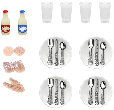 XoeLLe Jouets de Miniatures Alimentaires, 16Pcs Mini Alimentaires Assiettes Vaisselle Bouteille de Lait Miniature 1/12 Assiettes Miniatures Accessoires pour Maison de Poupée, Cuisine de Poupée