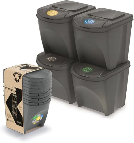 magubo Poubelle à 3 compartiments, système de tri sélectif à 3 compartiments, de qualité supérieure, robuste et spacieuse, 3 x 25 l, pour un tri efficace des déchets, noire, 3 x 25 l (Gris, 4x25L)