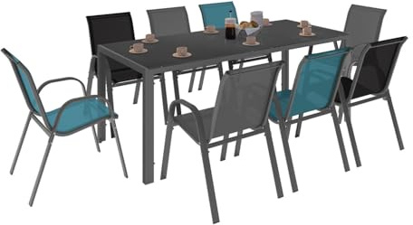 IDMarket - Salon de Jardin Madrid Table 190 cm et 8 chaises empilables | Coloris mix color bleu, gris et noir