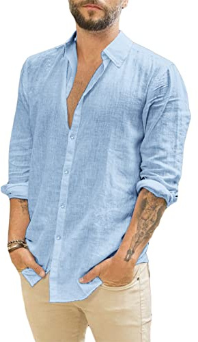 Runcati Camisa de Lino de Manga Larga para Hombre, Cuello Vuelto, Camisa de Negocios, Tiempo Libre, Verano