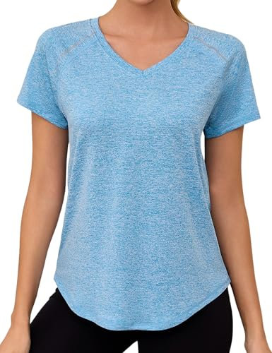 Gyabnw Ladies Yoga Tops Short Sleeve Loose Fit V-Neck Gym Running T-Shirt Moisture-Wicking Sportswear for Women Blue