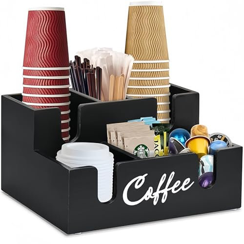 KOVNISE Organizer da Bar con Design a Forma di U, Montabile a Parete, in Legno, per Bancone, Accessori da Bar, Versatile Stile Minimalista,per Amanti del Caffè (Nero)