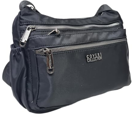 COVERI COLLECTION Nylon Shoulder Bag, 3 Compartments, Lightweight, Multiple Pockets with Zip, Art. 5050-4 Dimensions 26 x 20 x 10 cm, Black, CENTIMETRI