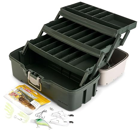 Plano Three-Tray Tackle Box Bass Kit, Tan/Green, Rust-Proof Brass Latch, Top-Access Tray Compartments with Deep Storage, Made in the USA, Portable Fishing Gear Storage Organizer