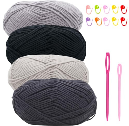 Häkelgarn Baumwolle Häkelwolle Set 4 x 50g – Baumwoll-Nylon-Mischgarn in Grau/Schwarz Tönen inkl. 10 Maschenmarkierer & 2 Kunststoffnadeln – Weiches Chenille Garn für Anfänger & Häkelprojekte