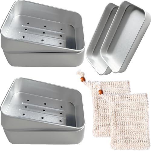 Lot de 2 boîtes à savon de voyage en aluminium - Porte-savon portable avec bac d'égouttement - Sachets à savon bio - Étanche - Carré - Rangement pour shampooing solide avec couvercle