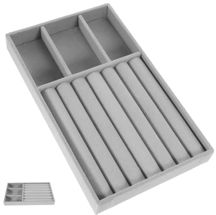 HEALLILY Bandeja organizadora de joyas apilable para insertar cajón, vitrina de joyería gris terciopelo con compartimentos, ahorro de espacio, almacenamiento de anillos y aretes para mujer
