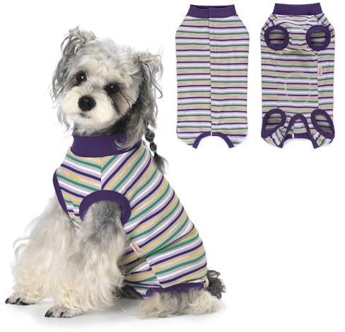 PawSailor Hundebody nach OP für Hunde Gestreifter Weicher Hunde Body nach Operation Verhindert Lecken & schützt Wunden Alternative zum Halskragen OP-Body für Hündin & Rüde Kastration, Lila-Grün XS